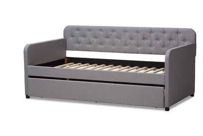 Baxton Studio Camelia Modern and Contemporary Grey Fabric Upholstered Button-Tufted Twin Size Sofa Daybed with Roll-Out Trundle Guest Bed