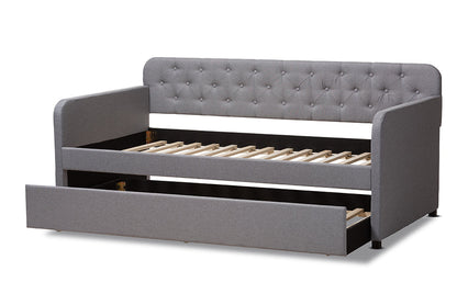 Baxton Studio Camelia Modern and Contemporary Grey Fabric Upholstered Button-Tufted Twin Size Sofa Daybed with Roll-Out Trundle Guest Bed
