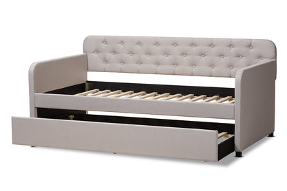 Baxton Studio Camelia Modern and Contemporary Beige Fabric Upholstered Button-Tufted Twin Size Sofa Daybed with Roll-Out Trundle Guest Bed