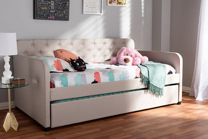 Baxton Studio Camelia Modern and Contemporary Beige Fabric Upholstered Button-Tufted Twin Size Sofa Daybed with Roll-Out Trundle Guest Bed