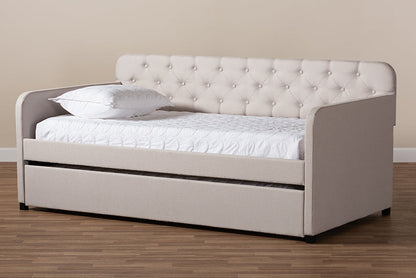 Baxton Studio Camelia Modern and Contemporary Beige Fabric Upholstered Button-Tufted Twin Size Sofa Daybed with Roll-Out Trundle Guest Bed