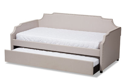 Baxton Studio Ally Modern and Contemporary Beige Fabric Upholstered Twin Size Sofa Daybed with Roll Out Trundle Guest Bed