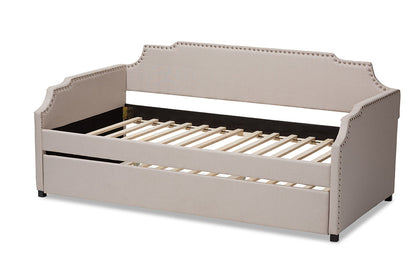 Baxton Studio Ally Modern and Contemporary Beige Fabric Upholstered Twin Size Sofa Daybed with Roll Out Trundle Guest Bed