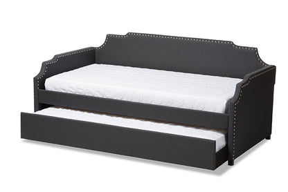 Baxton Studio Ally Modern and Contemporary Charcoal Fabric Upholstered Twin Size Sofa Daybed with Roll Out Trundle Guest Bed