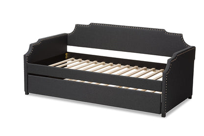 Baxton Studio Ally Modern and Contemporary Charcoal Fabric Upholstered Twin Size Sofa Daybed with Roll Out Trundle Guest Bed