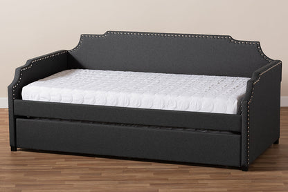 Baxton Studio Ally Modern and Contemporary Charcoal Fabric Upholstered Twin Size Sofa Daybed with Roll Out Trundle Guest Bed