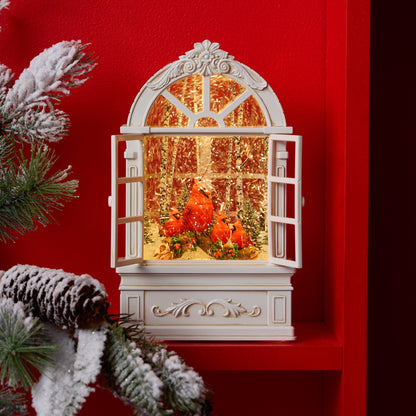 LED Snow Globe Window with Cardinal Family 9"H