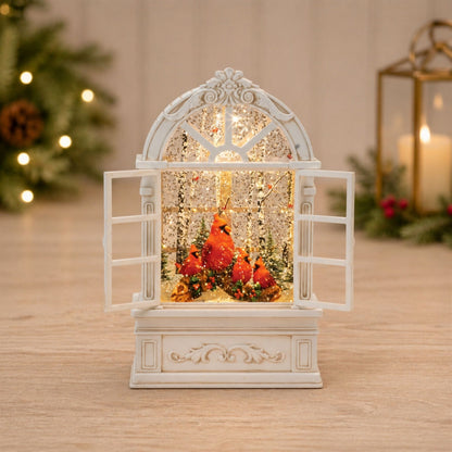 LED Snow Globe Window with Cardinal Family 9"H