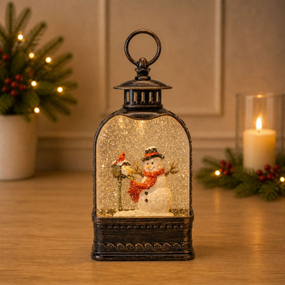 LED Snow Globe with Snowman and Cardinals 9.75"H