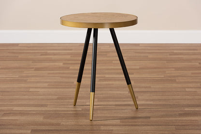 Baxton Studio Lauro Modern and Contemporary Round Walnut Wood and Metal End Table with Two-Tone Black and Gold Legs