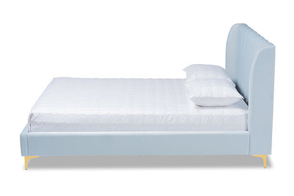 Baxton Studio Saverio Glam and Luxe Light Blue Velvet Fabric Upholstered Queen Size Platform Bed with Gold-Tone Legs