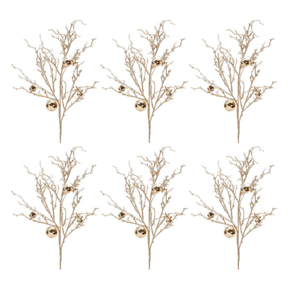Flocked Twig Branch with Sleigh Bells (Set of 6)