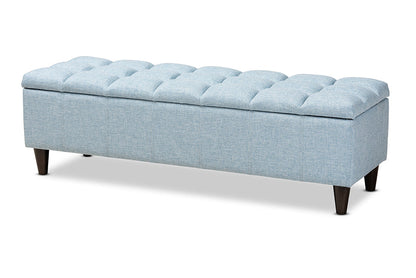 Baxton Studio Brette Mid-Century Modern Light Blue Fabric Upholstered Dark Brown Finished Wood Storage Bench Ottoman