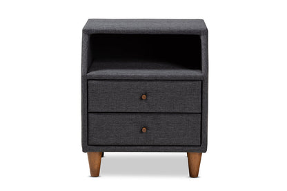Baxton Studio Claverie Mid-Century Modern Charcoal Fabric Upholstered 2-Drawer Wood Nightstand