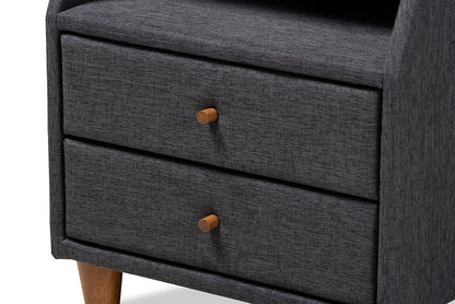 Baxton Studio Claverie Mid-Century Modern Charcoal Fabric Upholstered 2-Drawer Wood Nightstand