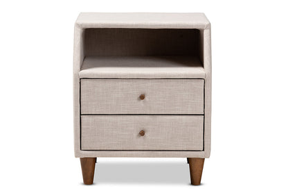 Baxton Studio Claverie Mid-Century Modern Beige Fabric Upholstered 2-Drawer Wood Nightstand