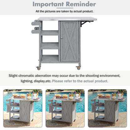 Foldable Outdoor Kitchen Island with Stainless Steel Top | Rolling Cart with Storage Cabinet, Open Shelves & Towel Rack — Grey