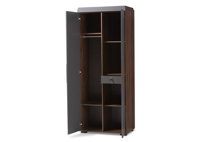 Baxton Studio Rikke Modern and Contemporary Two-Tone Gray and Walnut Finished Wood 7-Shelf Wardrobe Storage Cabinet