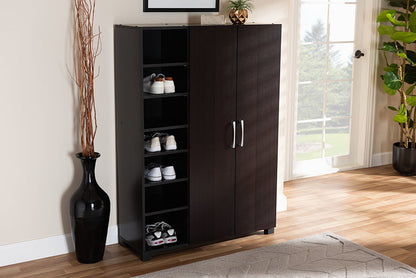Baxton Studio Marine Modern and Contemporary Wenge Dark Brown Finished 2-Door Wood Entryway Shoe Storage Cabinet with Open Shelves