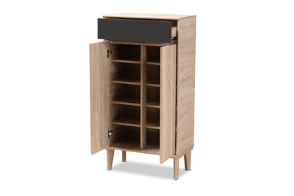 Baxton Studio Fella Mid-Century Modern Two-Tone Oak Brown and Dark Gray Entryway Shoe Cabinet with Drawer