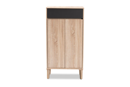 Baxton Studio Fella Mid-Century Modern Two-Tone Oak Brown and Dark Gray Entryway Shoe Cabinet with Drawer