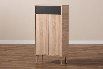 Baxton Studio Fella Mid-Century Modern Two-Tone Oak Brown and Dark Gray Entryway Shoe Cabinet with Drawer