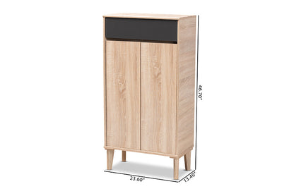 Baxton Studio Fella Mid-Century Modern Two-Tone Oak Brown and Dark Gray Entryway Shoe Cabinet with Drawer