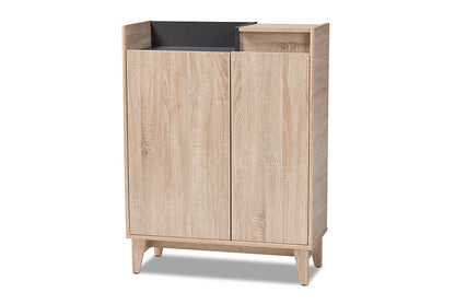 Baxton Studio Fella Mid-Century Modern Two-Tone Oak Brown and Dark Gray Entryway Shoe Cabinet with Lift-Top Storage Compartment
