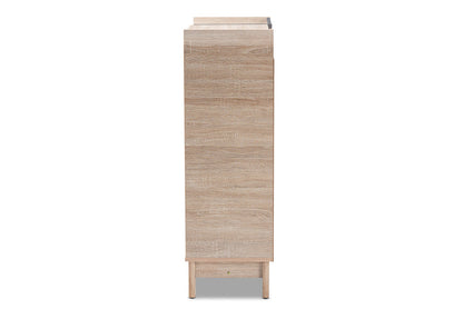 Baxton Studio Fella Mid-Century Modern Two-Tone Oak Brown and Dark Gray Entryway Shoe Cabinet with Lift-Top Storage Compartment