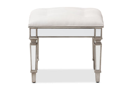 Baxton Studio Marielle Hollywood Regency Glamour Style Off White Fabric Upholstered Mirrored Ottoman Vanity Bench