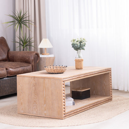 Rustic Beaded Edge Coffee Table with Open Storage Shelf | 47.6" Farmhouse Center Table — Natural Wood Finish