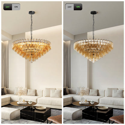 Tiered Smoke Glass Chandelier | 14-Light Round or 12-Light Rectangular, Brushed Black or Gold Metal Frame — 37" or 54", Dimmable
