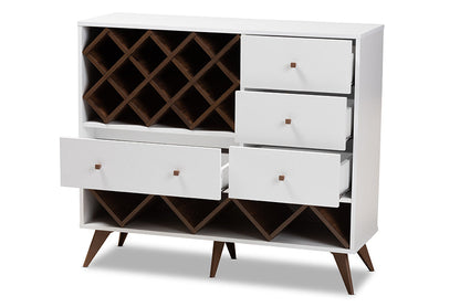 Baxton Studio Savino Mid-Century Modern White and Walnut Finished Wood Wine Cabinet