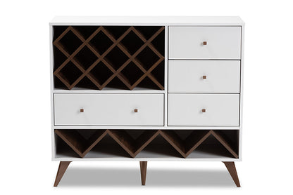Baxton Studio Savino Mid-Century Modern White and Walnut Finished Wood Wine Cabinet