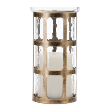 Wavy Glass Candle Holder with Distressed Metal Frame 10"H