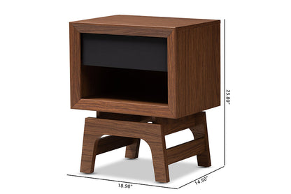 Baxton Studio Svante Mid-Century Modern Walnut Brown and Dark Gray Finished Wood 1-Drawer Nightstand