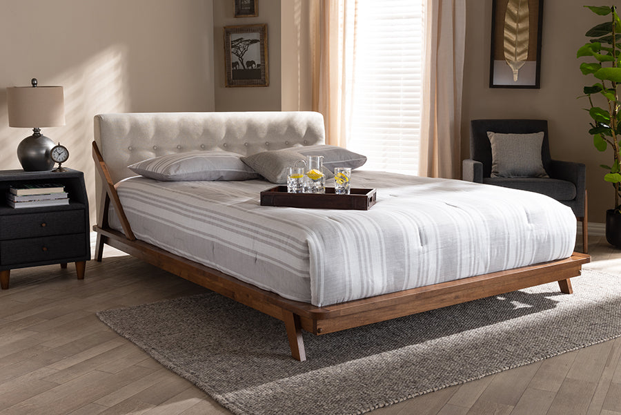 Baxton Studio Sante Mid-Century Modern Light Beige Fabric Upholstered Wood King Size Platform Bed