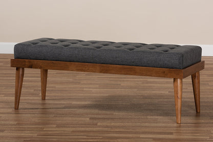 Baxton Studio Linus Mid-Century Modern Dark Grey Fabric Upholstered and Button Tufted Wood Bench