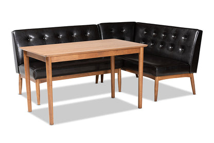 Baxton Studio Arvid Mid-Century Modern Dark Brown Faux Leather Upholstered 3-Piece Wood Dining Nook Set