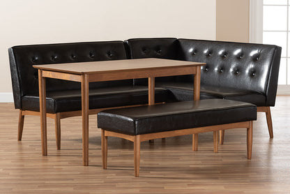 Baxton Studio Arvid Mid-Century Modern Dark Brown Faux Leather Upholstered 4-Piece Wood Dining Nook Set