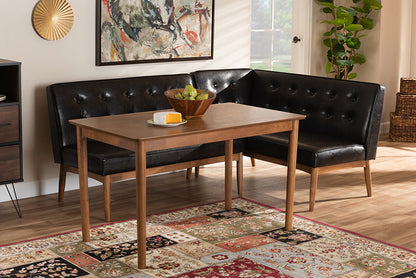 Baxton Studio Arvid Mid-Century Modern Dark Brown Faux Leather Upholstered 3-Piece Wood Dining Nook Set