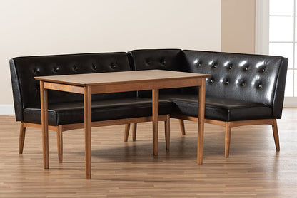 Baxton Studio Arvid Mid-Century Modern Dark Brown Faux Leather Upholstered 3-Piece Wood Dining Nook Set
