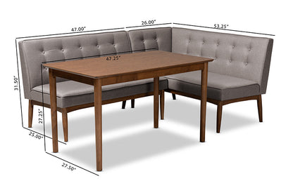 Baxton Studio Arvid Mid-Century Modern Gray Fabric Upholstered 3-Piece Wood Dining Nook Set