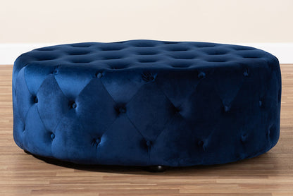 Baxton Studio Cardiff Transitional Royal Blue Velvet Fabric Upholstered Button Tufted Cocktail Ottoman