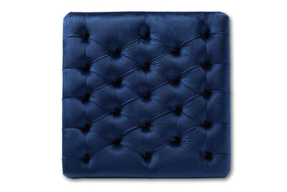 Baxton Studio Keswick Transitional Blue Velvet Fabric Upholstered Button Tufted Cocktail Ottoman