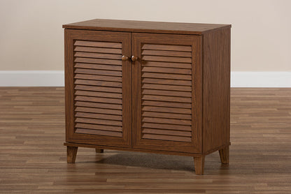 Baxton Studio Coolidge Modern and Contemporary Walnut Finished 4-Shelf Wood Shoe Storage Cabinet