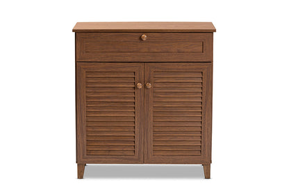 Baxton Studio Coolidge Modern and Contemporary Walnut Finished 4-Shelf Wood Shoe Storage Cabinet with Drawer