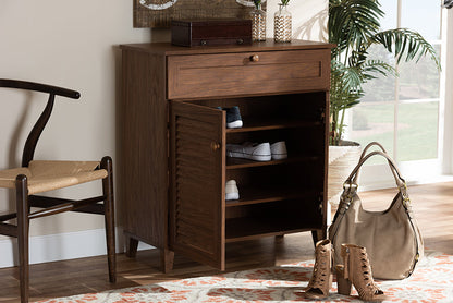 Baxton Studio Coolidge Modern and Contemporary Walnut Finished 4-Shelf Wood Shoe Storage Cabinet with Drawer