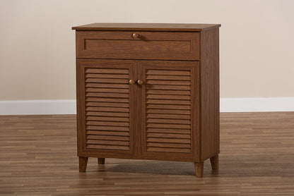 Baxton Studio Coolidge Modern and Contemporary Walnut Finished 4-Shelf Wood Shoe Storage Cabinet with Drawer