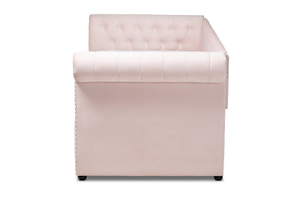 Baxton Studio Mabelle Modern and Contemporary Light Pink Velvet Upholstered Daybed with Trundle